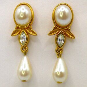 Vintage Marvella Faux Pearl Gold Tone Leaf Post Drop Earrings Marquise Crystal